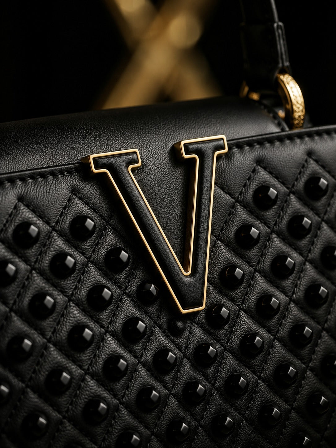 Luxe Black Structured Tote Bag with Bold Gold V Hardware