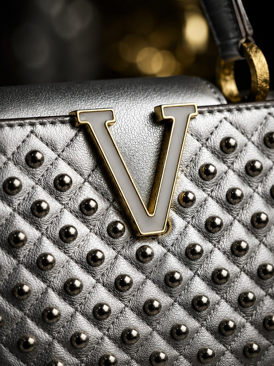 Luxe Silver V-Logo Handbag with Gold Chain Tassel
