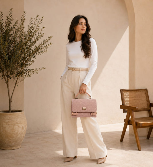 Chic Pink Textured Satchel with Gold Buckle Details