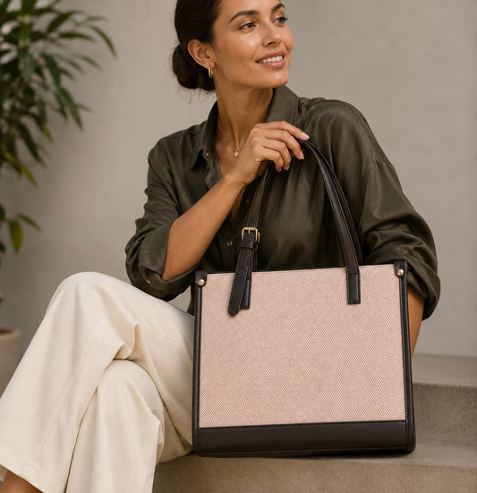 Elegant Beige Canvas Tote with Black Leather Handles