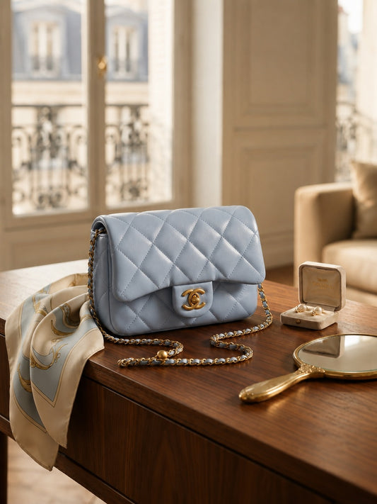 Chic Blue Handbag with Unique Circle Metal Handle