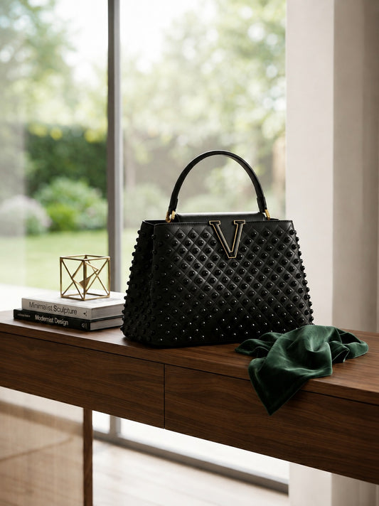 Luxe Black Structured Tote Bag with Bold Gold V Hardware