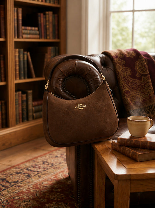 Luxe Brown Coach-Style Leather Satchel Bag with Gold Hardware
