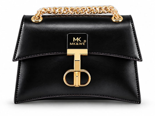Crinkled Black Trapezoid Handbag with Gold Chain & Logo Lock