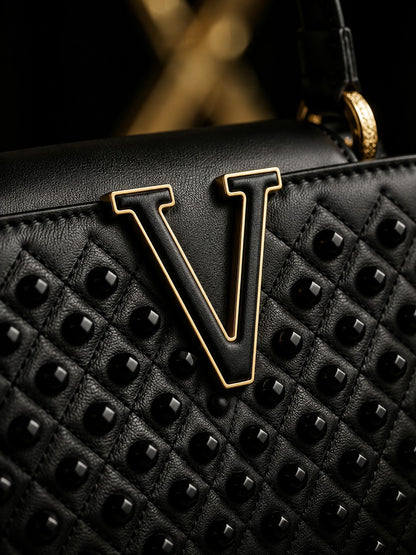 Luxe Black Structured Tote Bag with Bold Gold V Hardware