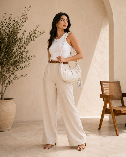 Trendy White Knotted Crescent Crossbody Bag with Pleats