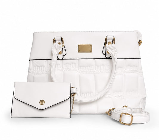 Chic White Croc-Textured Handbag with Matching Wallet & Strap