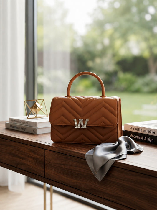 Premium W Logo Structured Handbag with Gold Tone Details