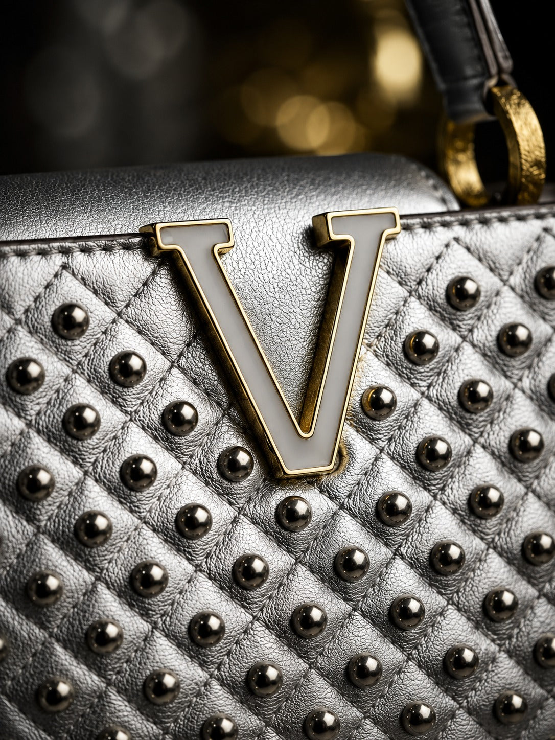 Luxe Silver V-Logo Handbag with Gold Chain Tassel