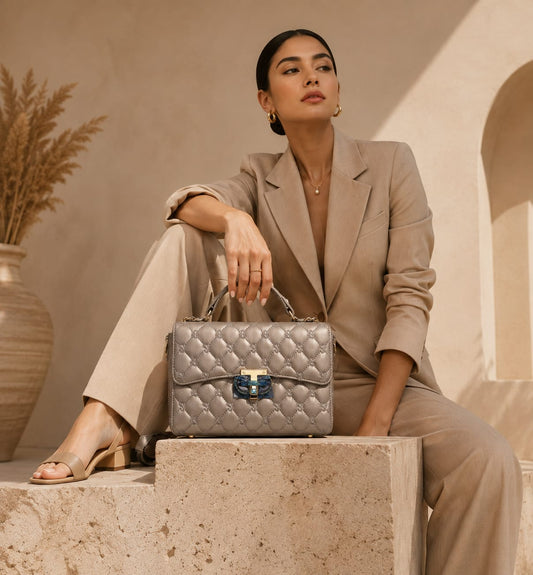 Luxury Grey Quilted Flap Bag with Acrylic Chain Lock