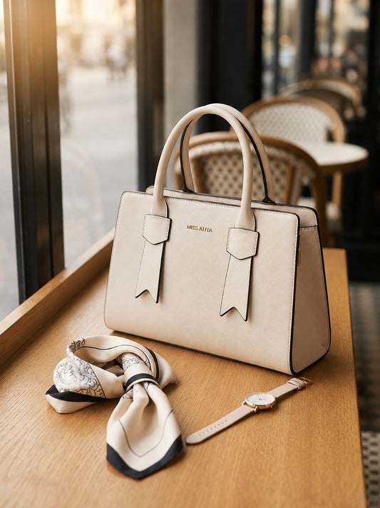 Chic White Miss Logo Handbag with Gold V Hardware