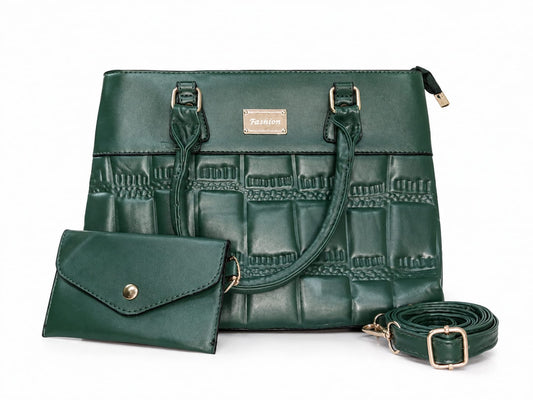 Forest Green Woven-Texture Handbag with Wallet & Strap