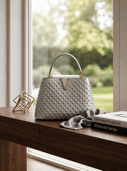 Luxe Silver V-Logo Handbag with Gold Chain Tassel