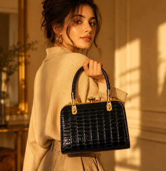 Luxe Black Croc-Embossed Kiss-Lock Handbag with Gold Frame