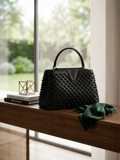 Luxe Black Structured Tote Bag with Bold Gold V Hardware