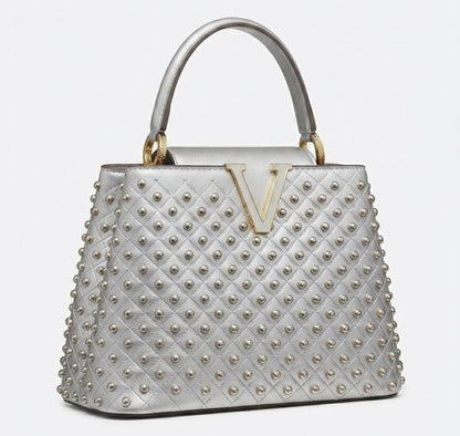Luxe Silver V-Logo Handbag with Gold Chain Tassel