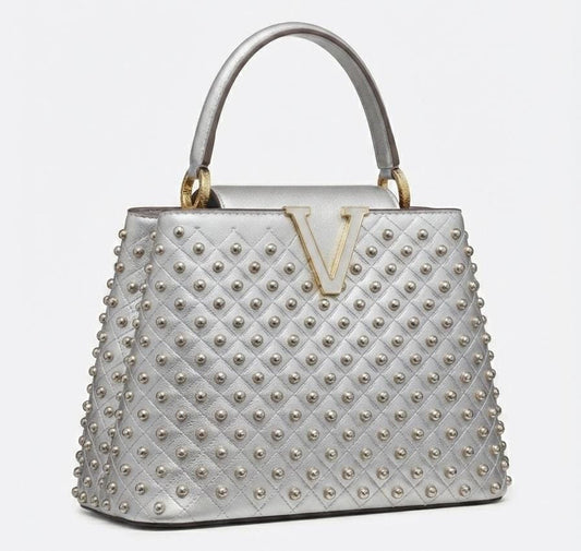 Luxe Silver V-Logo Handbag with Gold Chain Tassel