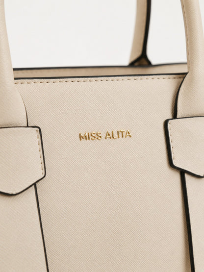 Chic White Miss Logo Handbag with Gold V Hardware