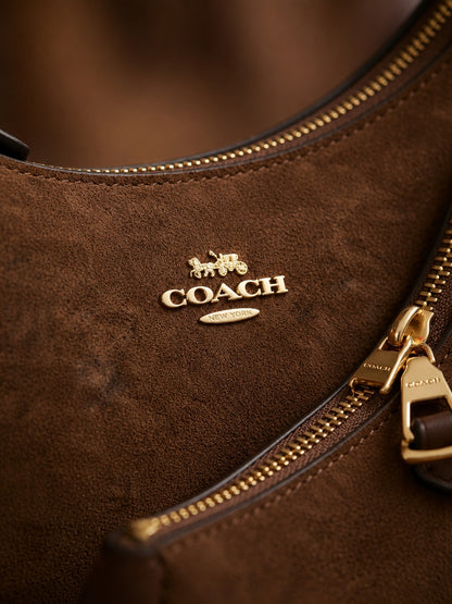 Luxe Brown Coach-Style Leather Satchel Bag with Gold Hardware