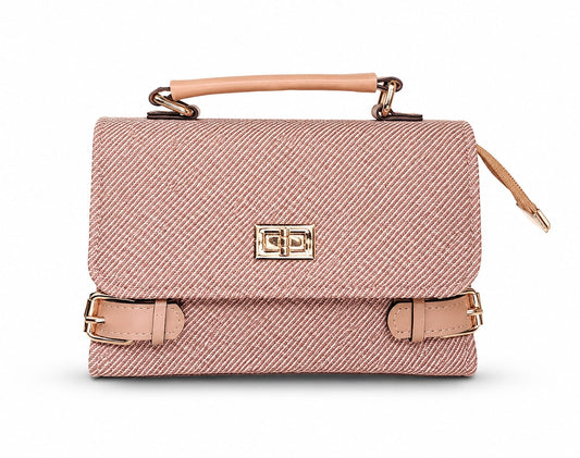 Chic Pink Textured Satchel with Gold Buckle Details