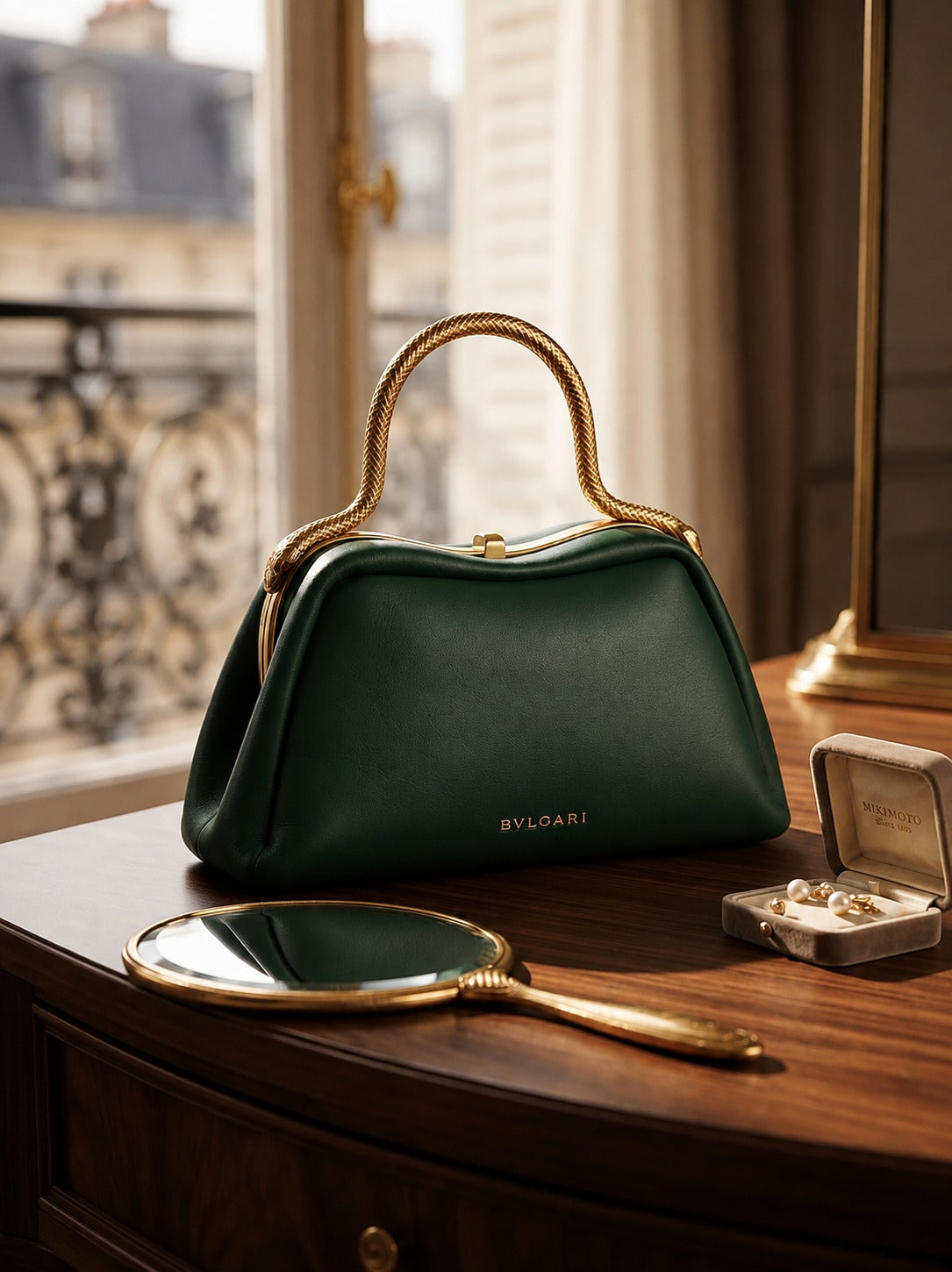 Luxe Forest Green Handbag with Gold Chain Emblem