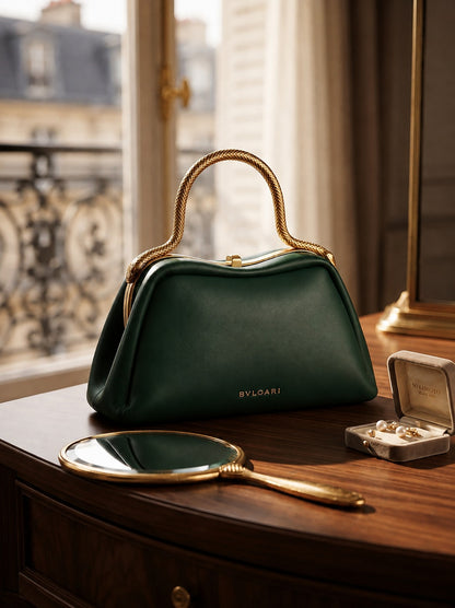 Luxe Forest Green Handbag with Gold Chain Emblem