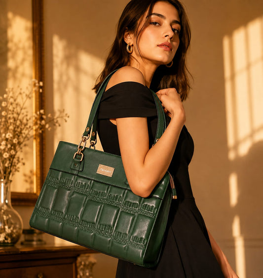 Forest Green Woven-Texture Handbag with Wallet & Strap