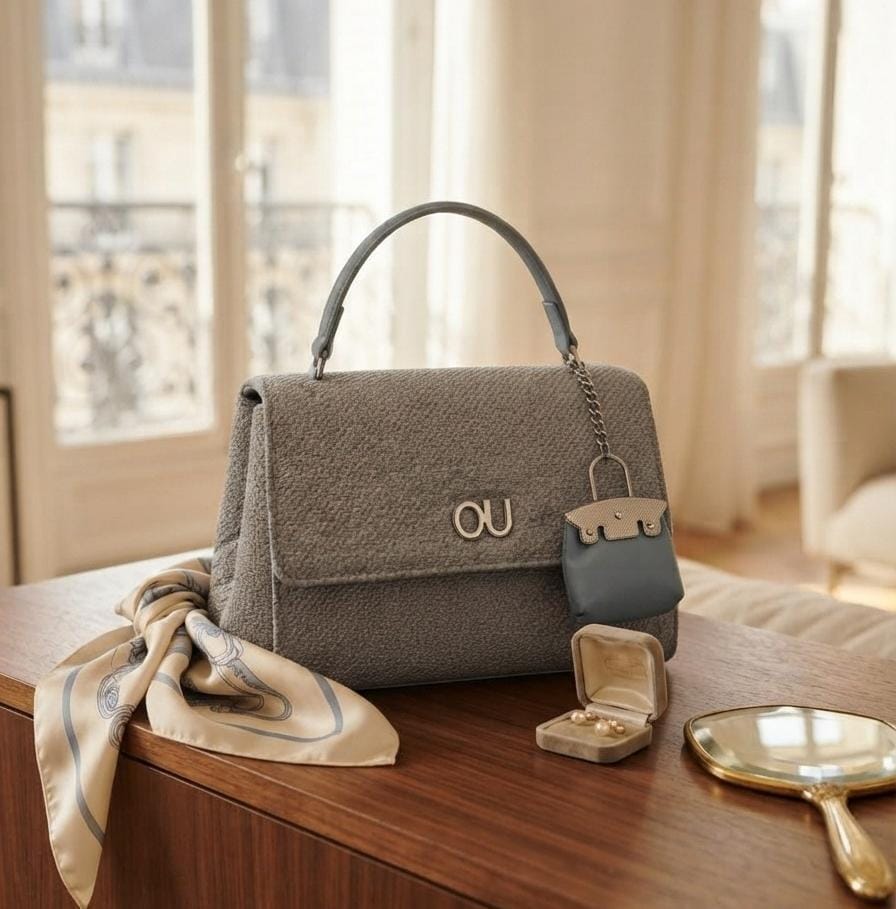 Premium OU Logo Structured Handbag with Gold Chain Detail