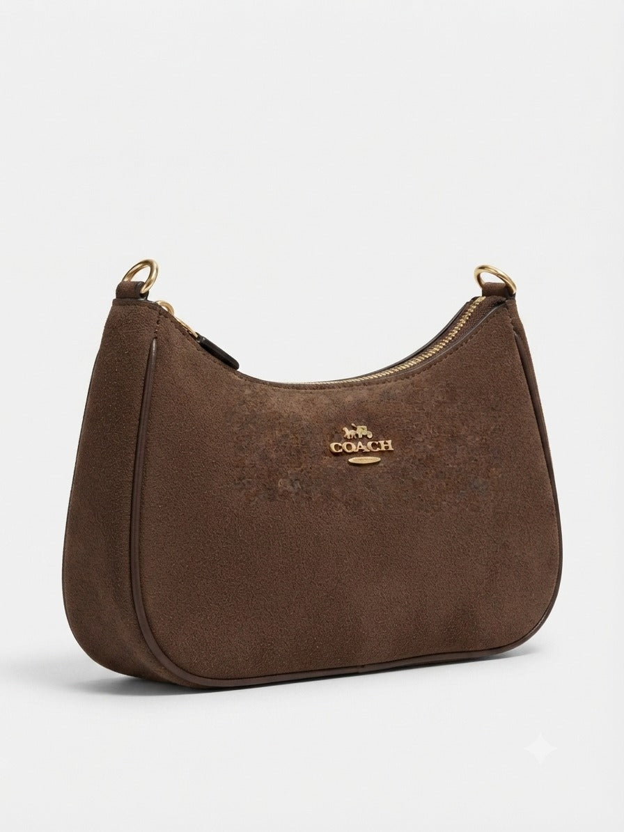 Luxe Brown Coach-Style Leather Satchel Bag with Gold Hardware