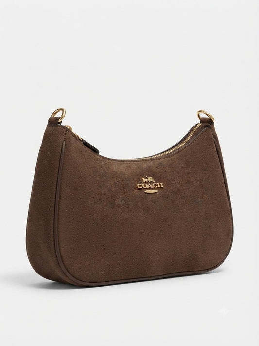 Luxe Brown Coach-Style Leather Satchel Bag with Gold Hardware