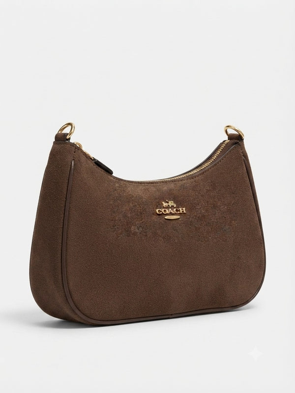 Luxe Brown Coach-Style Leather Satchel Bag with Gold Hardware
