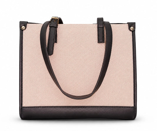 Elegant Beige Canvas Tote with Black Leather Handles