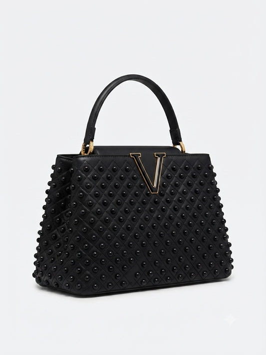 Luxe Black Structured Tote Bag with Bold Gold V Hardware