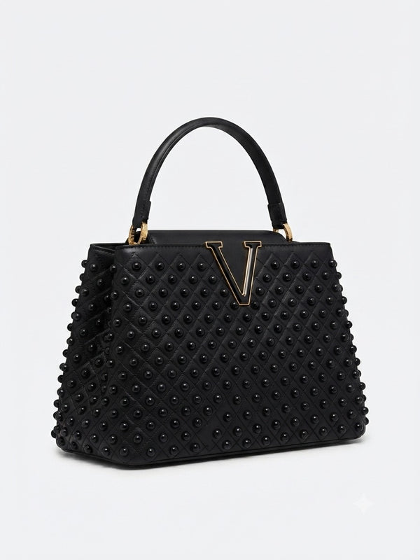 Luxe Black Structured Tote Bag with Bold Gold V Hardware