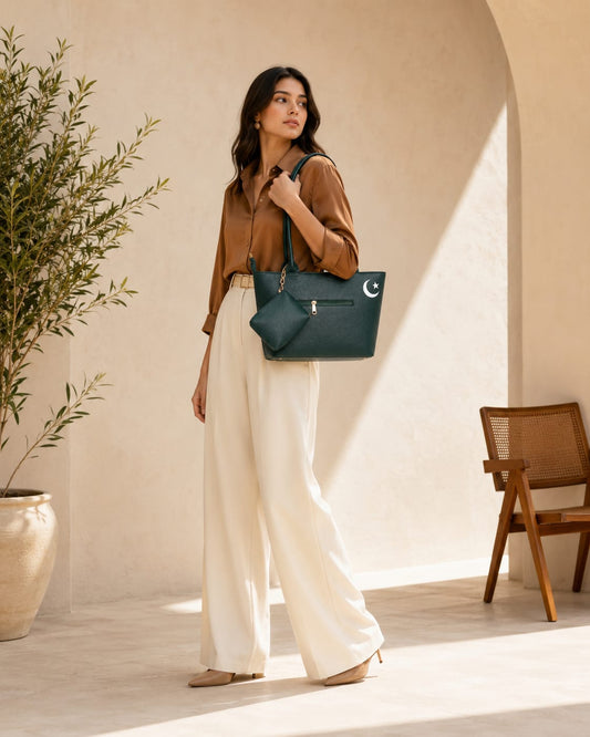Premium Emerald Green Tote Bag with Matching Pouch