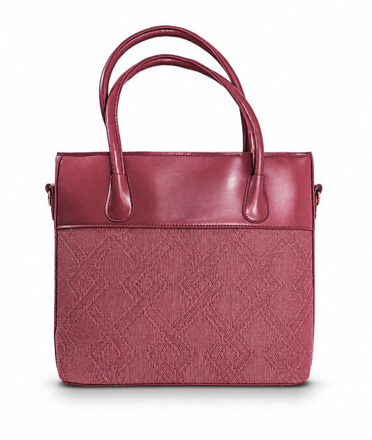 Dual-Tone Maroon Fabric & Leather Tote Bag