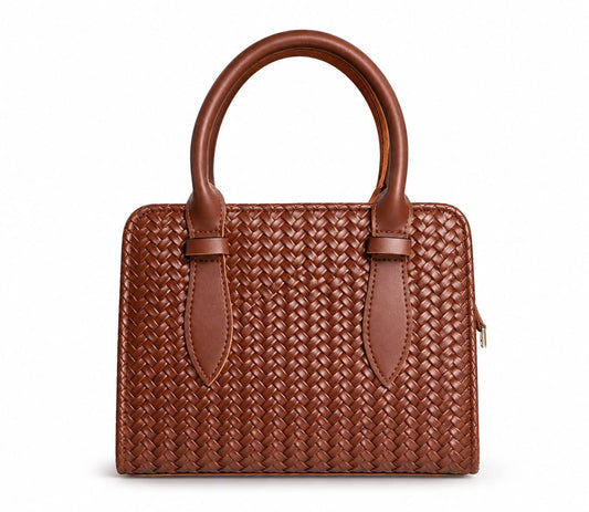 Woven Brown Leather Box Tote Bag with Top Handle