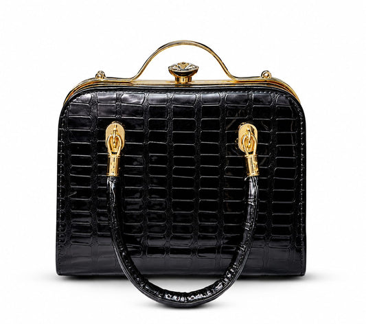Luxe Black Croc-Embossed Kiss-Lock Handbag with Gold Frame