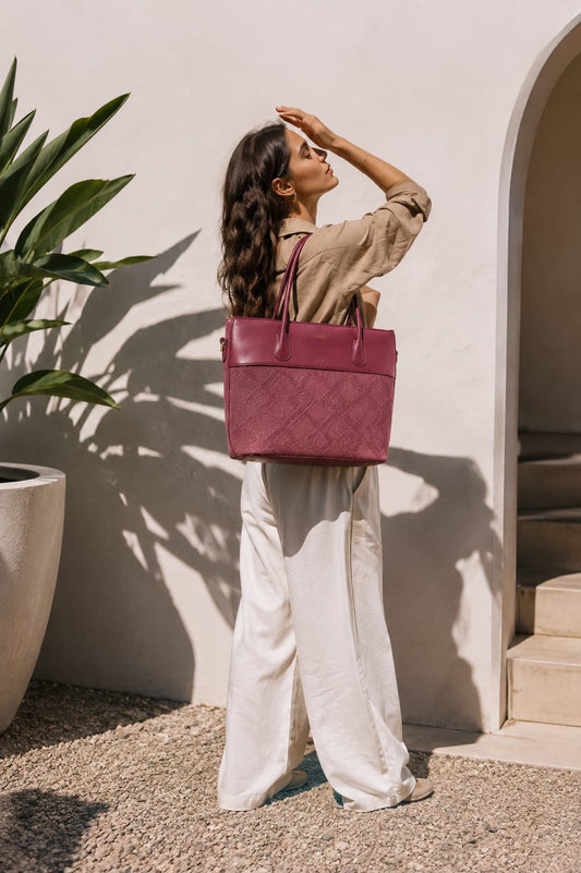 Dual-Tone Maroon Fabric & Leather Tote Bag