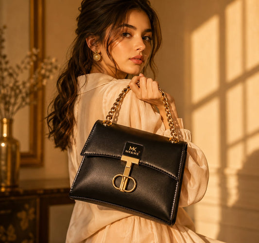 Crinkled Black Trapezoid Handbag with Gold Chain & Logo Lock