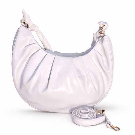 Trendy White Knotted Crescent Crossbody Bag with Pleats